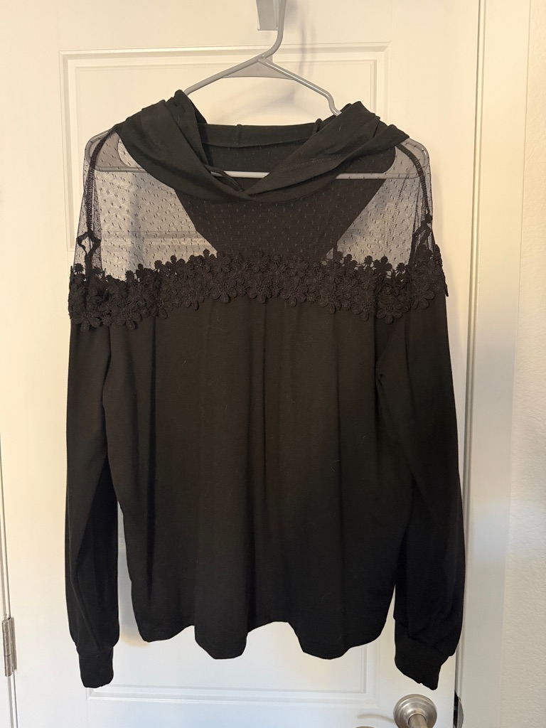 Black Sheer Yoke Floral Lace Hoodie Top